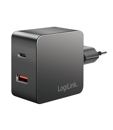 Lader 230V 1xUSB-C 45W+1xUSB-A 20W LogiLink Zwart