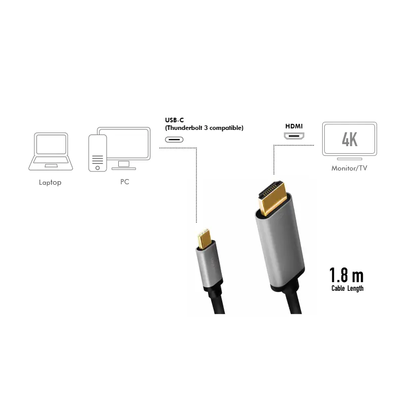 USB-C 3.2 (M) --> HDMI (M) 1.80m LogiLink 4K Aluminium - Afbeelding 3