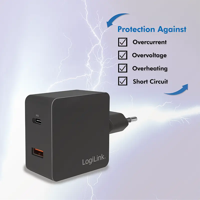 Lader 230V 1xUSB-C 18W+1xUSB-A 18W LogiLink Zwart - Afbeelding 6