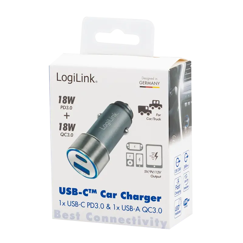 Lader Auto 1xUSB-C 18W + 1xUSB-A 18W LogiLink Zilver - Afbeelding 8