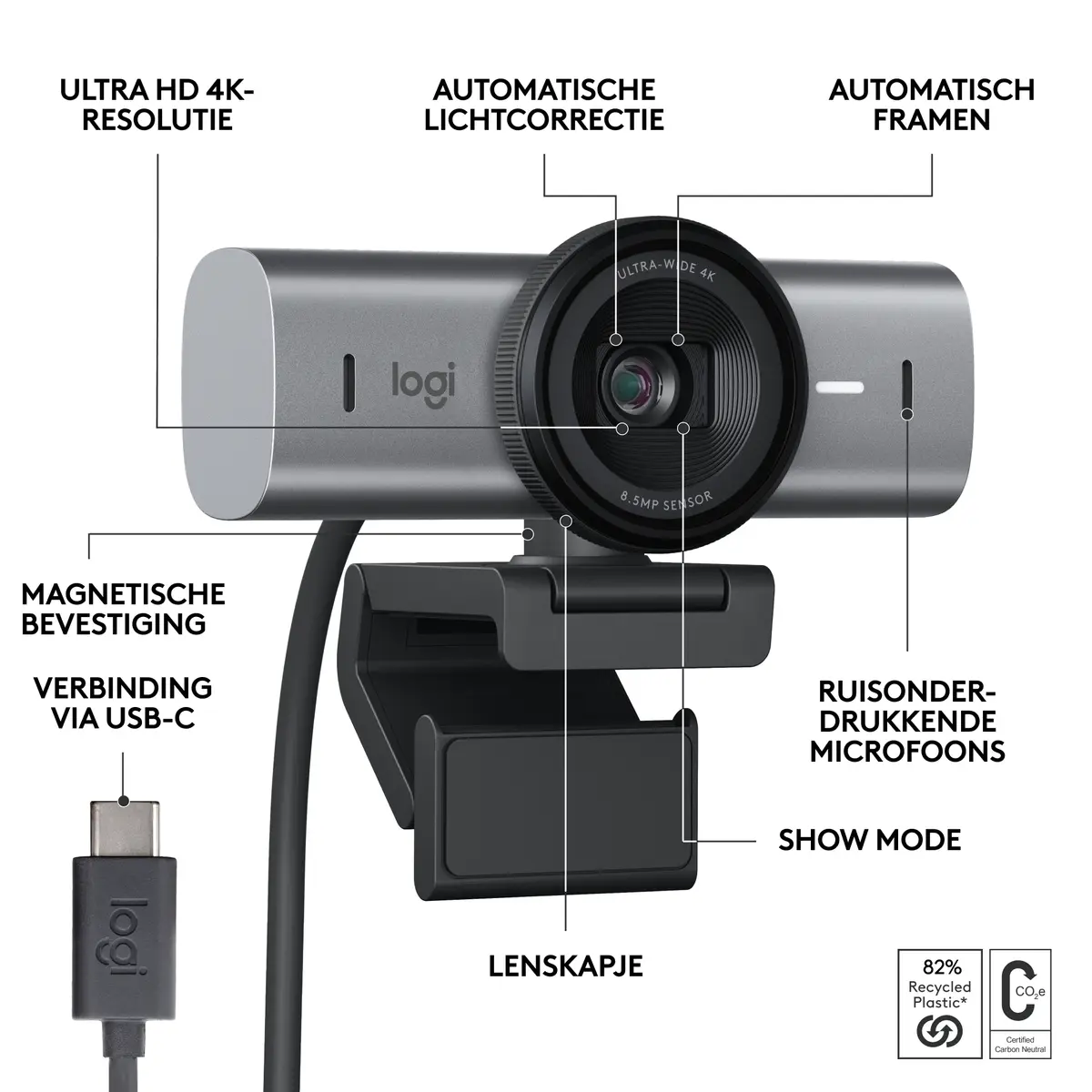 Logitech WebCam USB-C MX Brio 4K Ultra HD Graphite - Afbeelding 6
