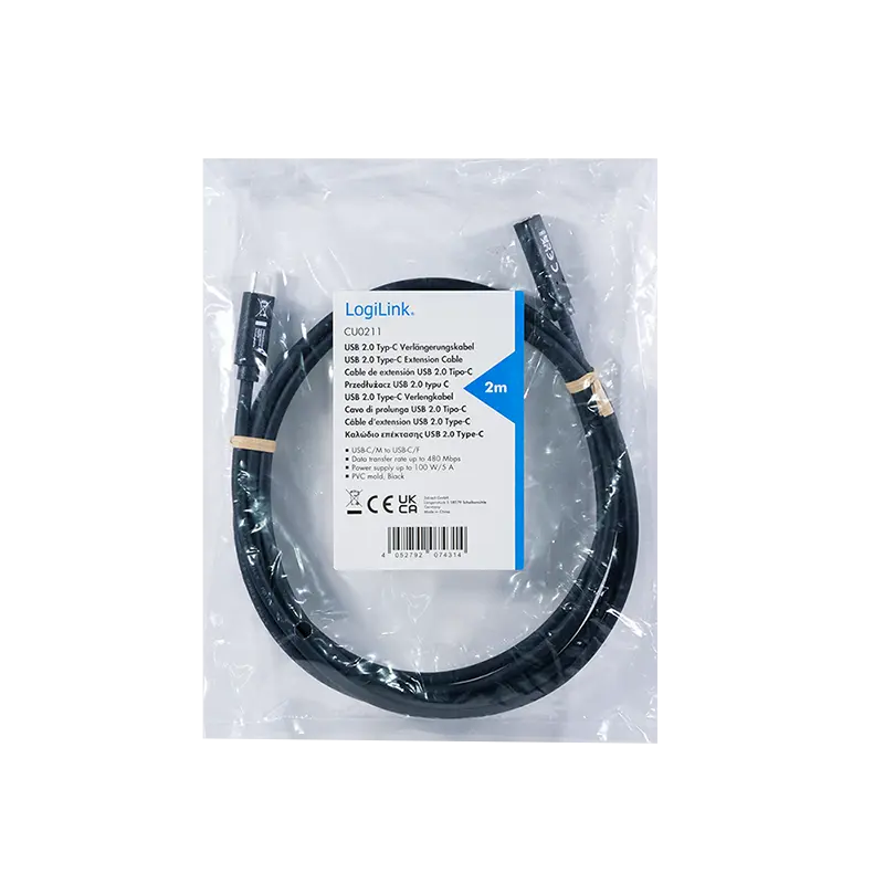 USB-C 2.0(M) USB-C(F) 2.0m LogiLink 100W/480Mbps zw. - Afbeelding 4