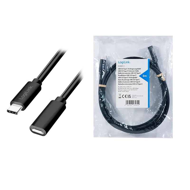 USB-C 2.0(M) USB-C(F) 2.0m LogiLink 100W/480Mbps zw. - Afbeelding 5