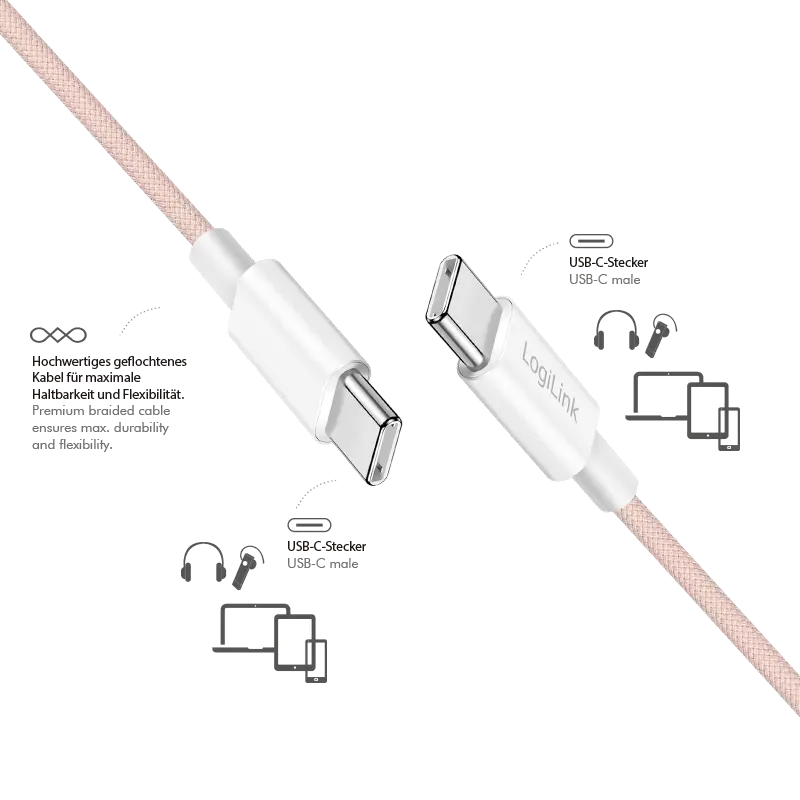 USB-C 2.0(M) USB-C(M) 1.0m LogiLink 60W/480Mbps roze - Afbeelding 3