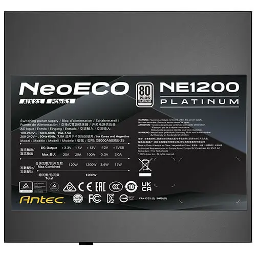 Antec 1200W NE1200P EC 80+ Platinum Full Modular ATX3.1 - Afbeelding 10