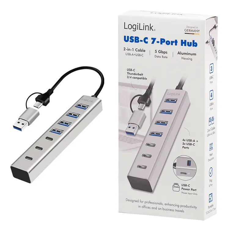 LogiLink 7 Port, USB-C/A --> 3xUSB-C 3.0 + 4xUSB-A 3.0 - Afbeelding 5