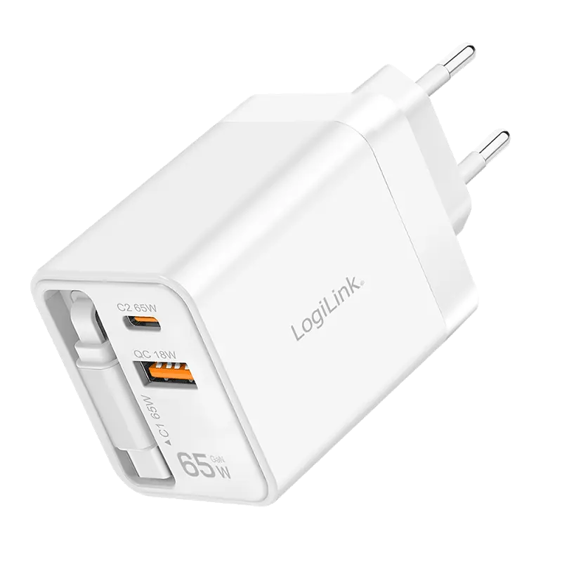 Lader 230V 1xUSB-C 65W+1xUSB-A 18W LogiLink Wit