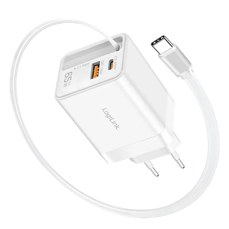 Lader 230V 1xUSB-C 65W+1xUSB-A 18W LogiLink Wit - Afbeelding 2