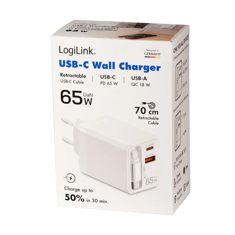 Lader 230V 1xUSB-C 65W+1xUSB-A 18W LogiLink Wit - Afbeelding 4