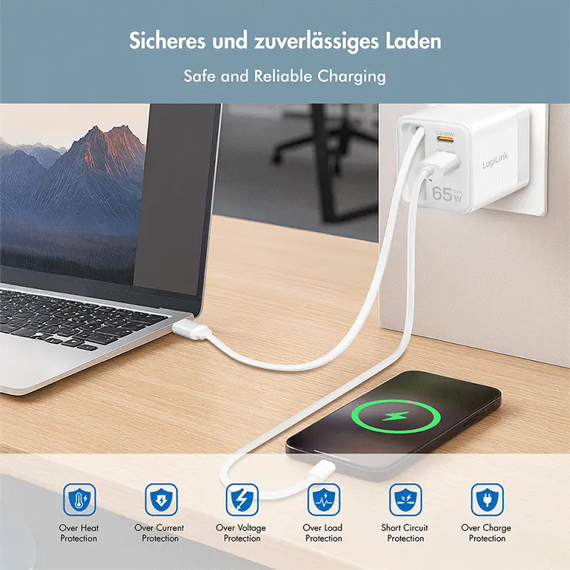 Lader 230V 1xUSB-C 65W+1xUSB-A 18W LogiLink Wit - Afbeelding 7